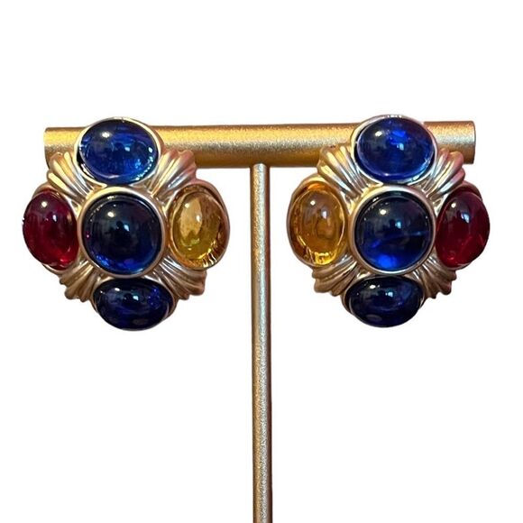 NEW 14K Gold Plated Blue Red Yellow Cabochon Stud Earrings - Picture 1 of 5